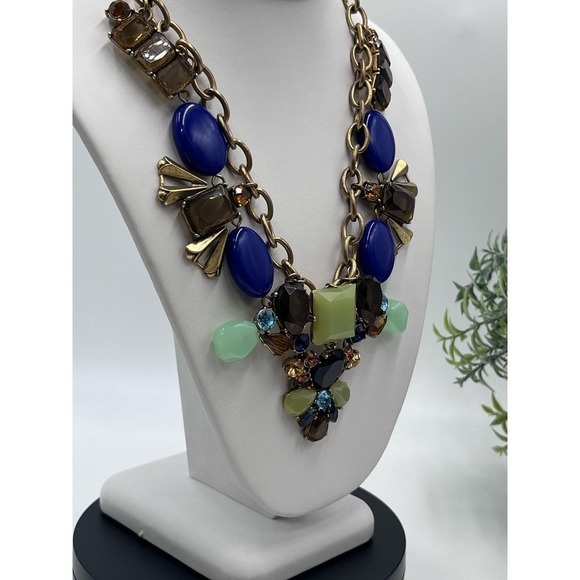 J.‎ Crew Chunky Rhinestone Blue Green Statement Necklace - Picture 2 of 12